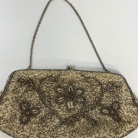 Walborg antique beaded Art Deco handbag purse ivory silver chain made in Japan - Picture 4 of 12